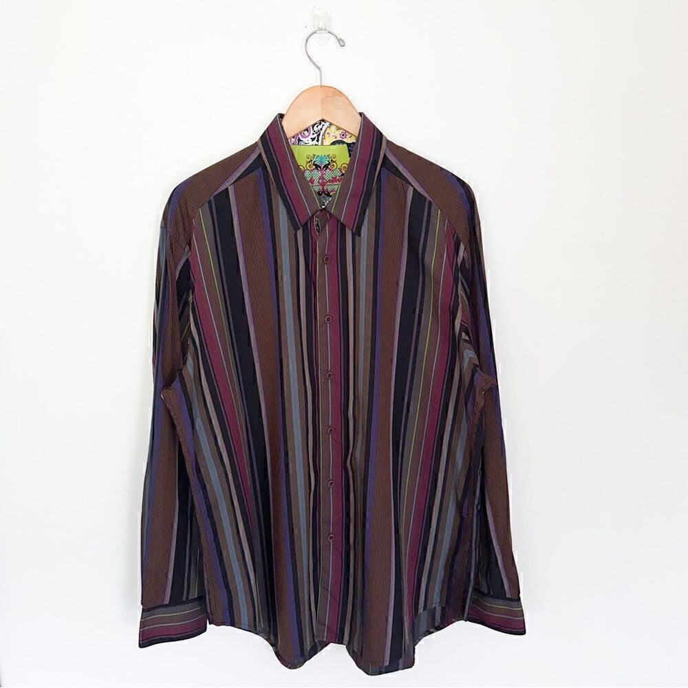 Robert Graham Men’s Dark Rich Vertical Stripe Silk Trim Button Down Shirt